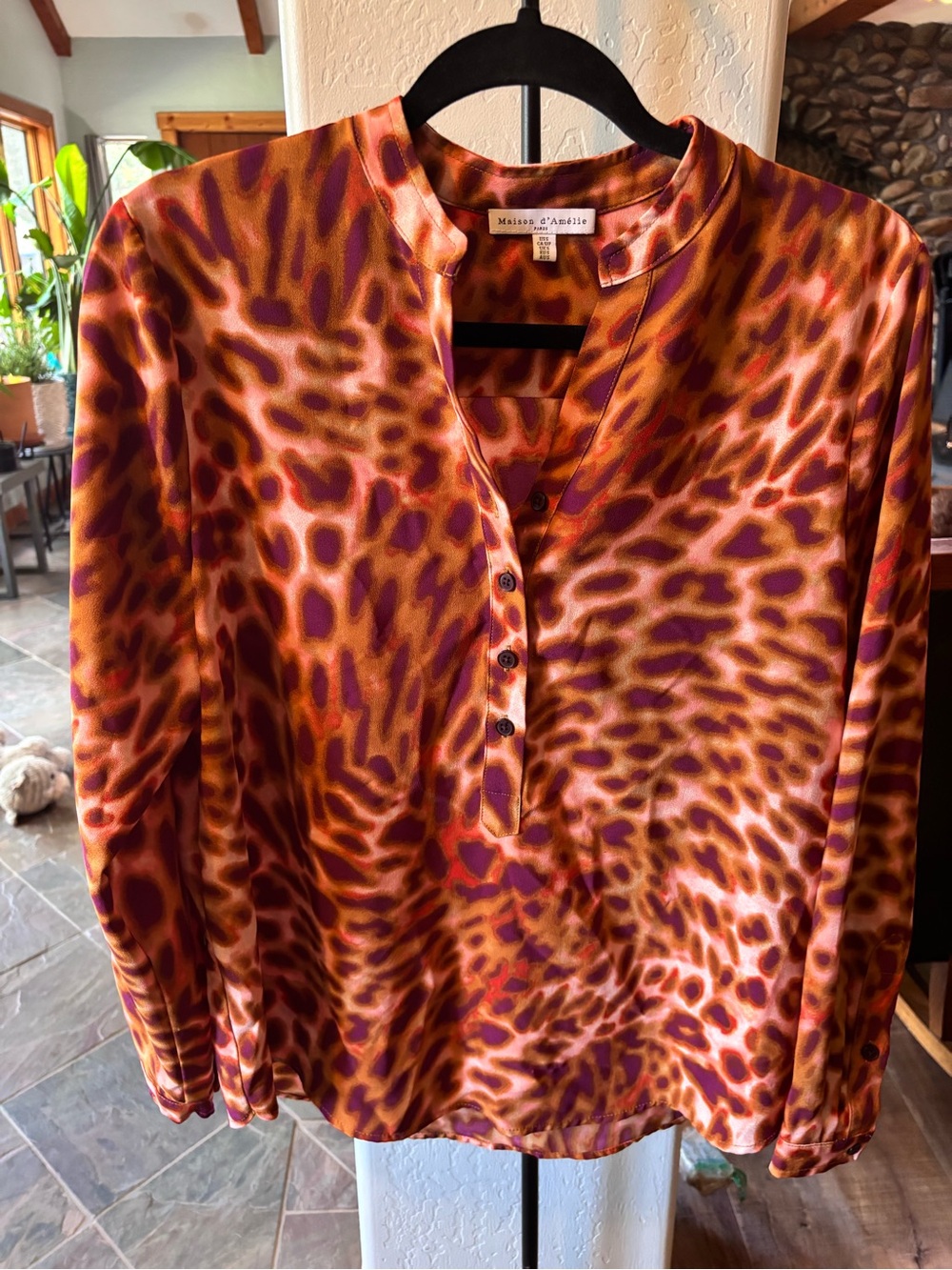 Maison d'Amelie Paris Satin Blouse Orange Purple Animal Print Band Collar S